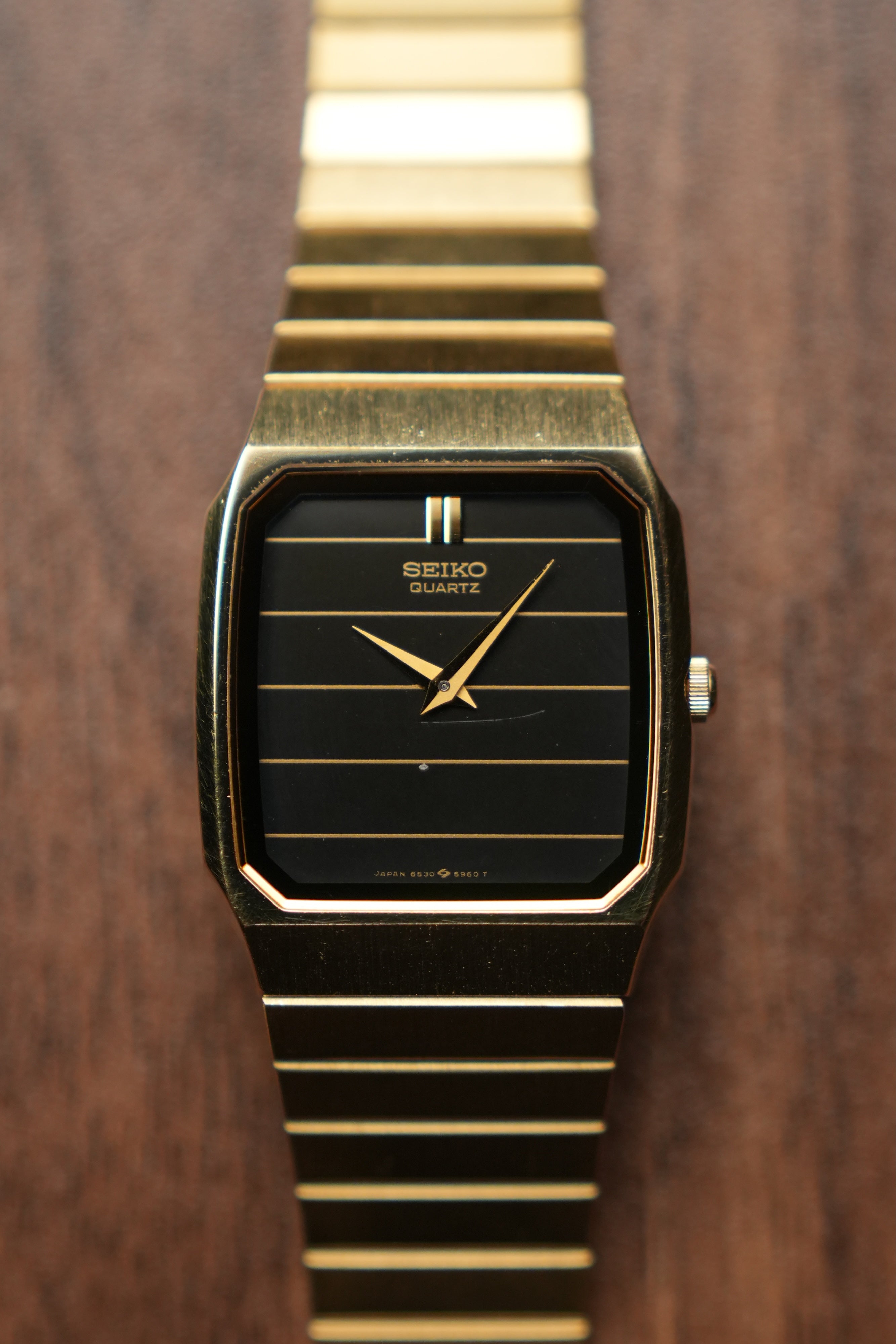 1985 Seiko Tank Lined Black Gold Dial 6530-5540 (Mint)