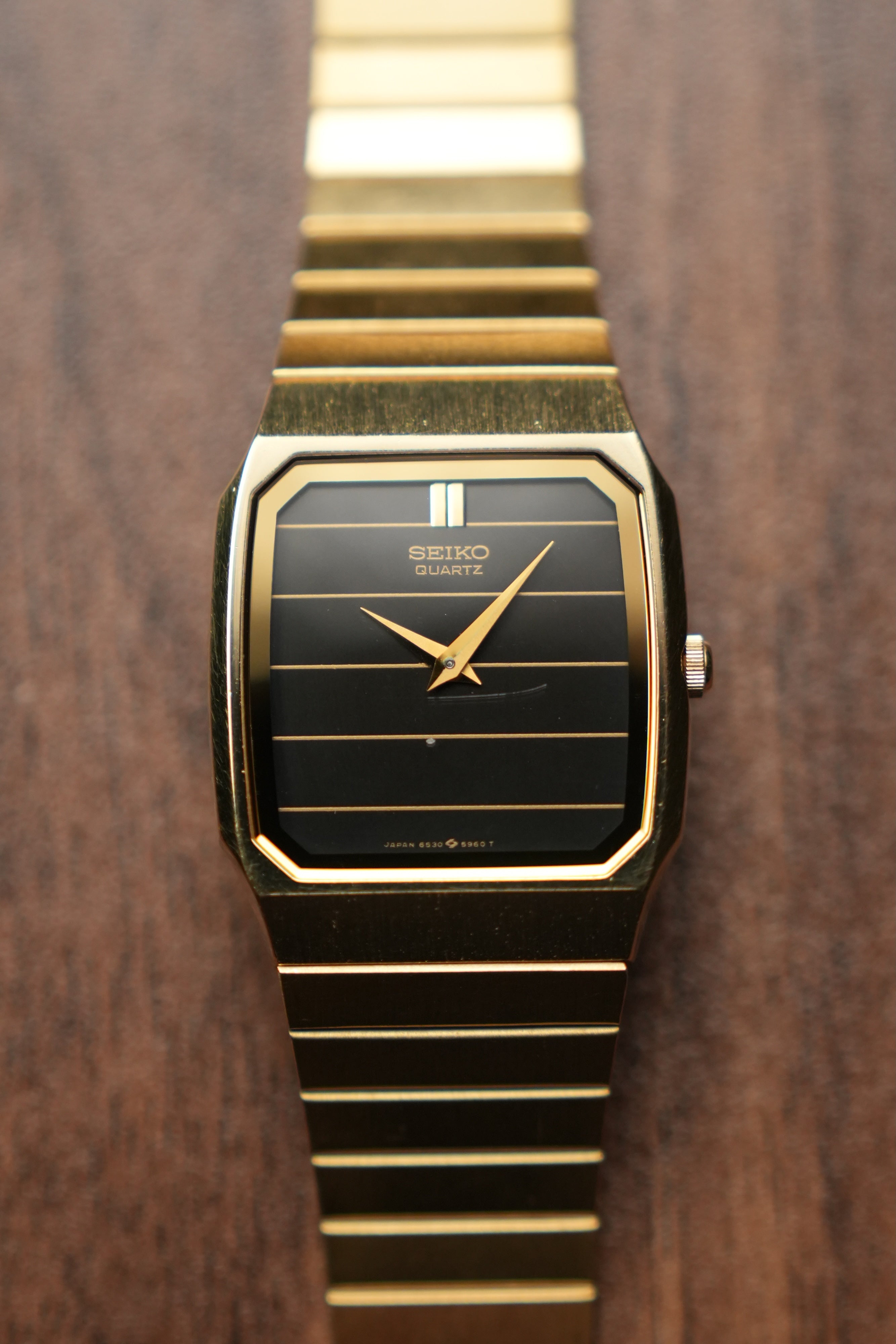 1985 Seiko Tank Lined Black Gold Dial 6530-5540 (Mint)