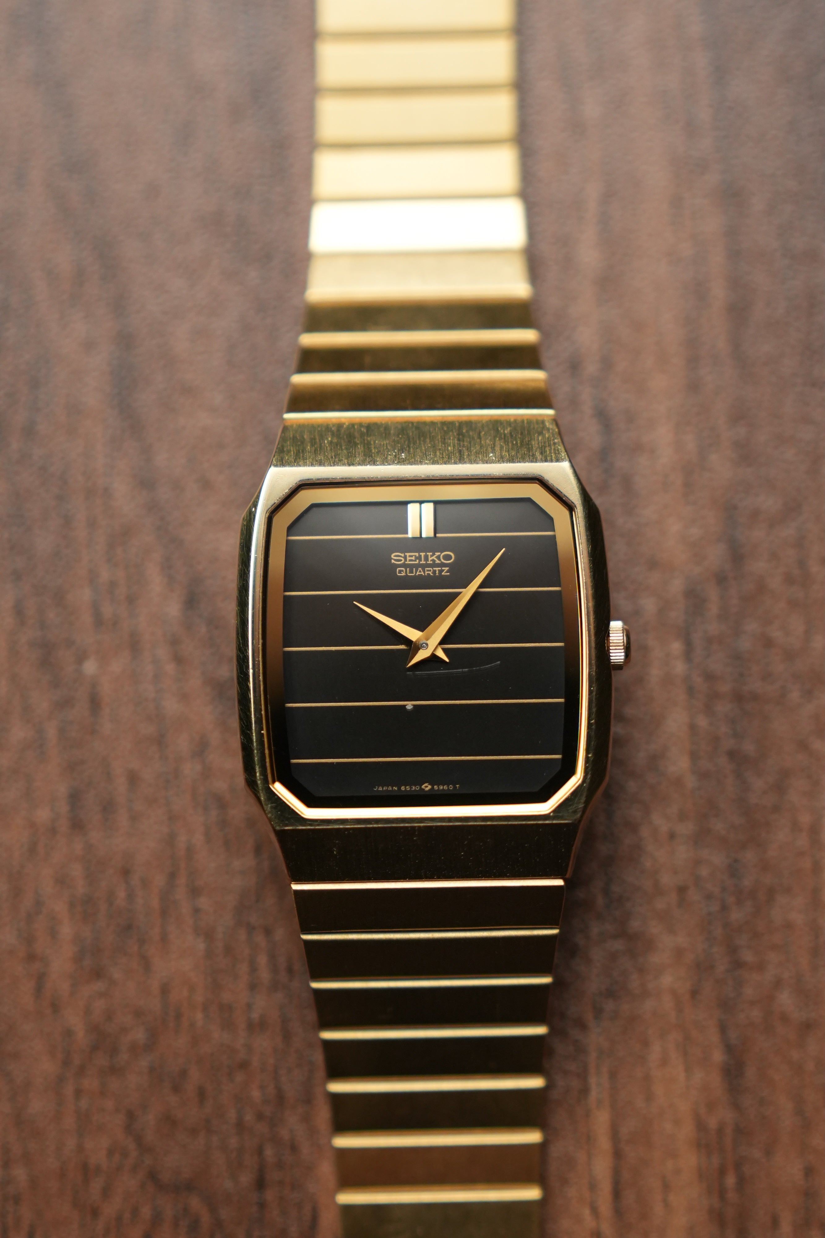 1985 Seiko Tank Lined Black Gold Dial 6530-5540 (Mint)