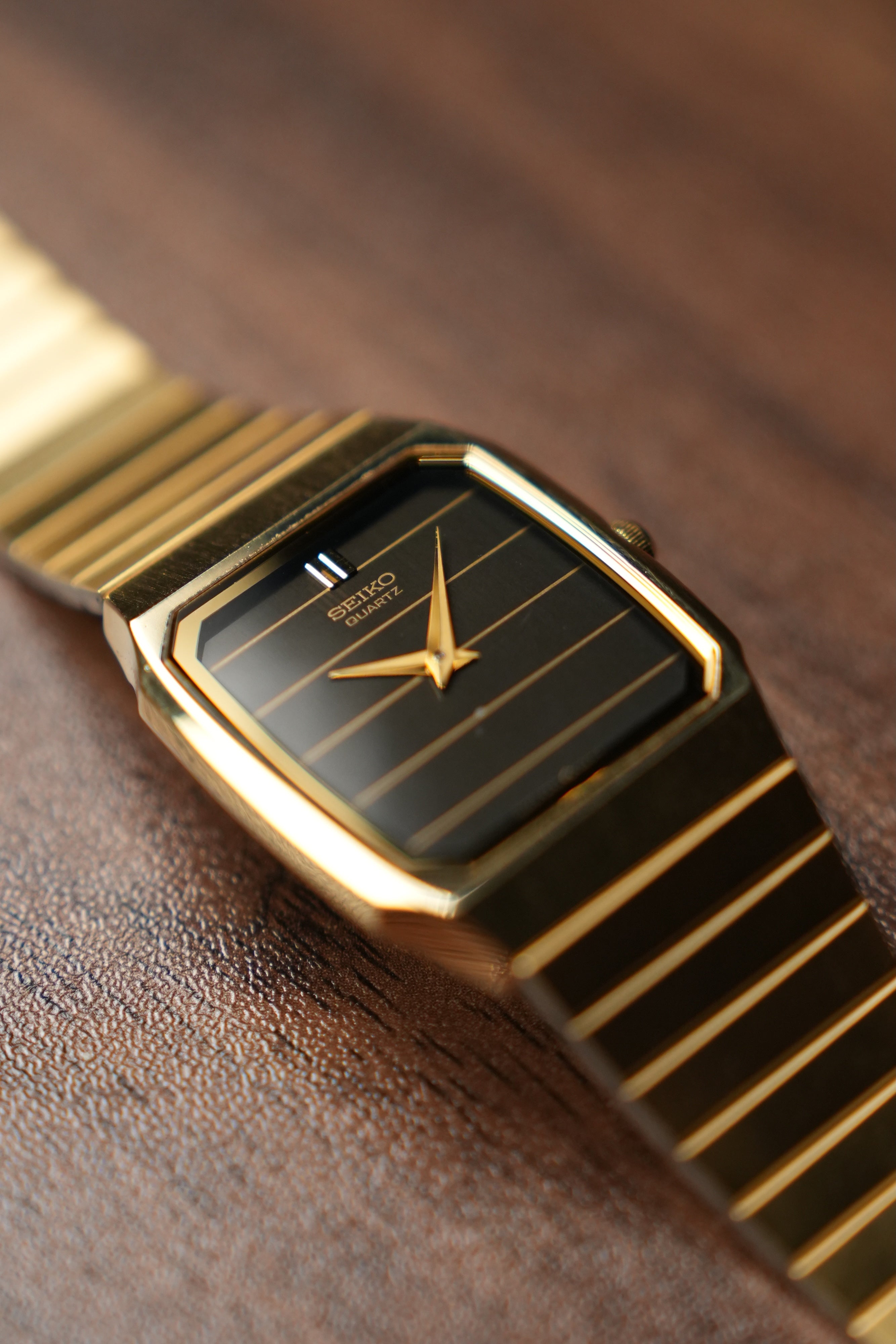 1985 Seiko Tank Lined Black Gold Dial 6530-5540 (Mint)