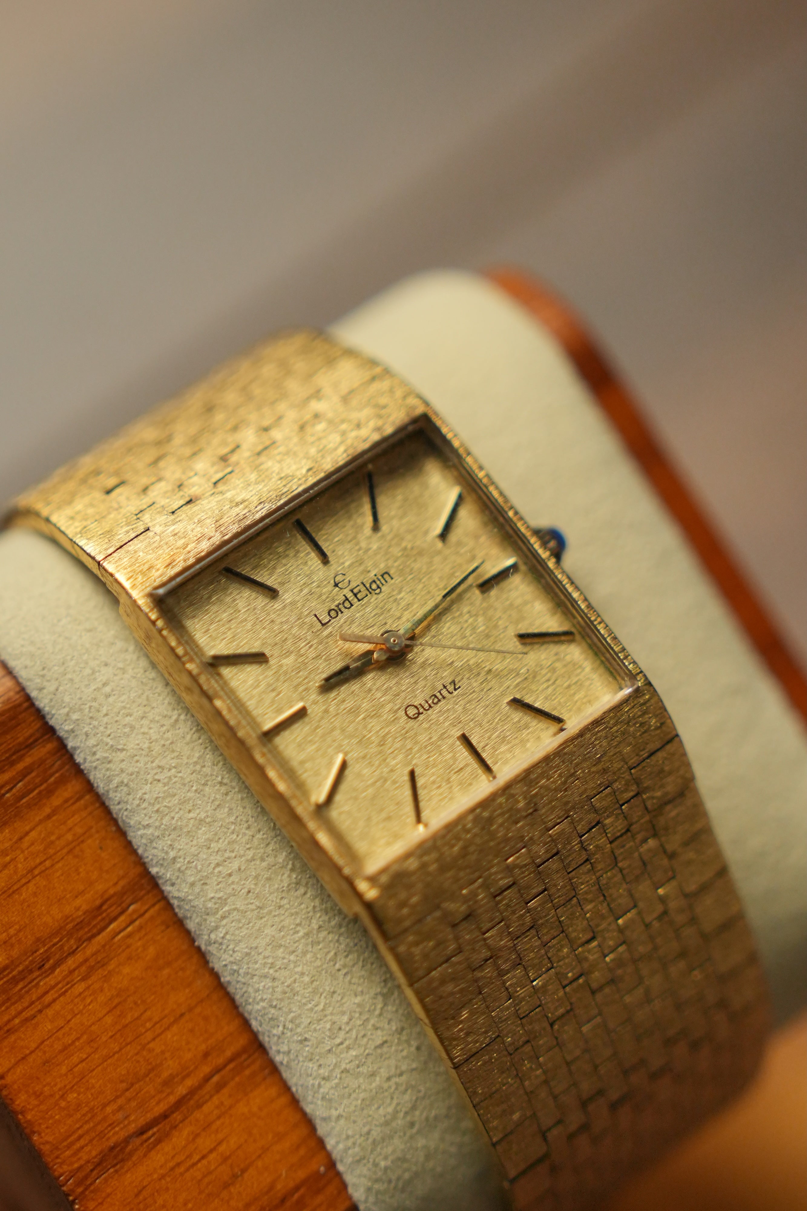 LORD ELGIN Quartz Tank Gold Dial Mint Swiss Movement 1970